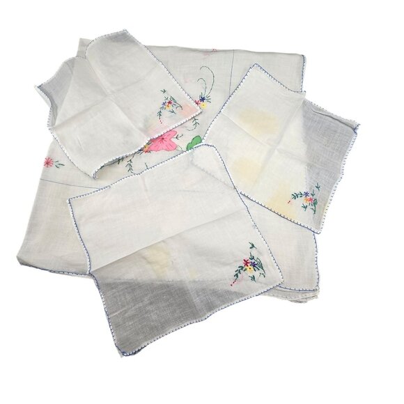 Vintage Embroidered Linen Tablecloth & Napkins Set With Floral Design JJ3968 - Picture 9 of 10